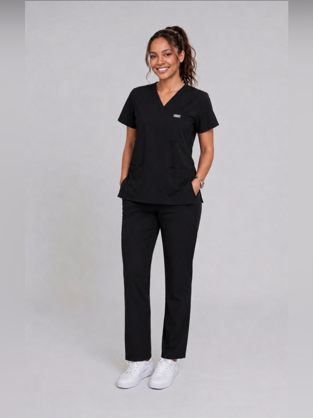 Figs Scrub Set Black Straight Leg Pants and Three-Pocket Top Size L